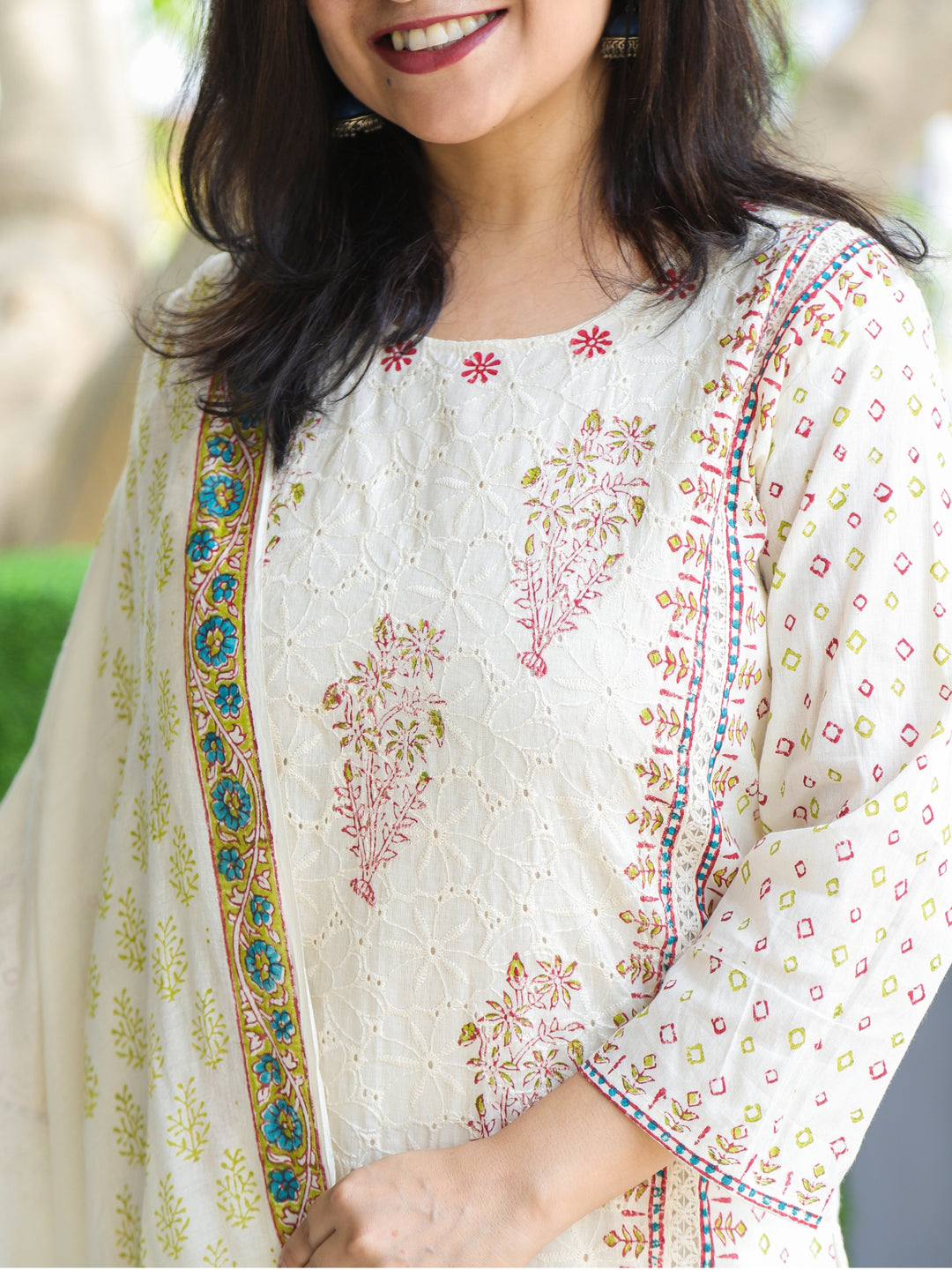 Aafeemi Beige White All Over Floral Block Printed Cotton Schiffli 3 Piece Set-D1