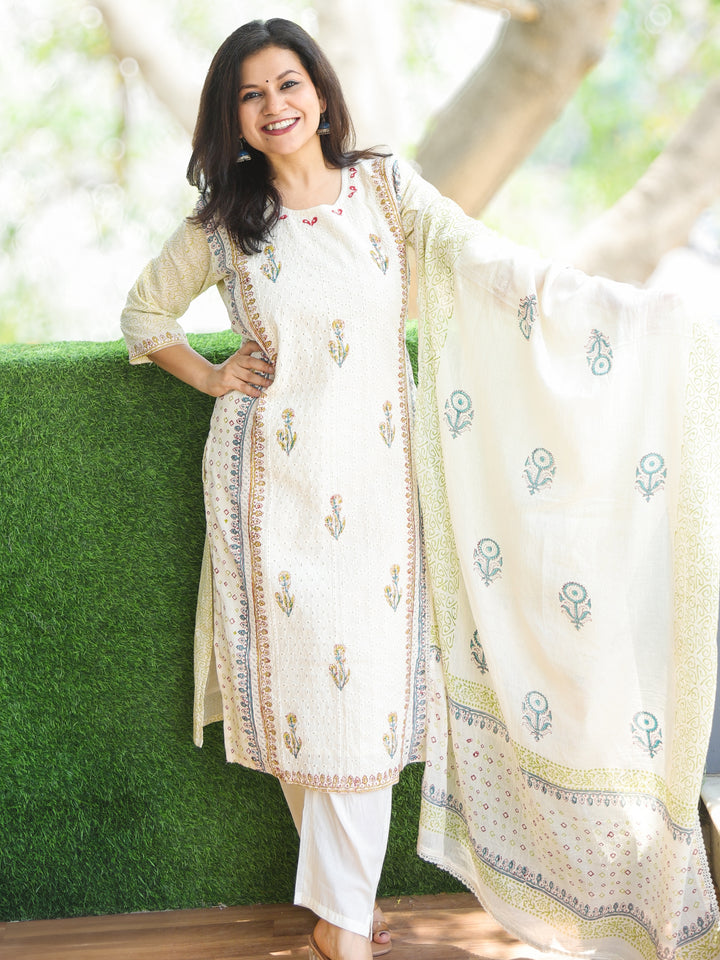 Aafeemi Beige White All Over Floral Block Printed Cotton Schiffli 3 Piece Set-D1