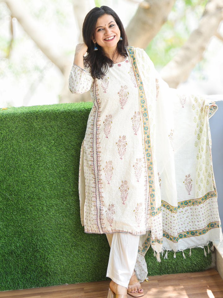 Aafeemi Beige White All Over Floral Block Printed Cotton Schiffli 3 Piece Set-D1