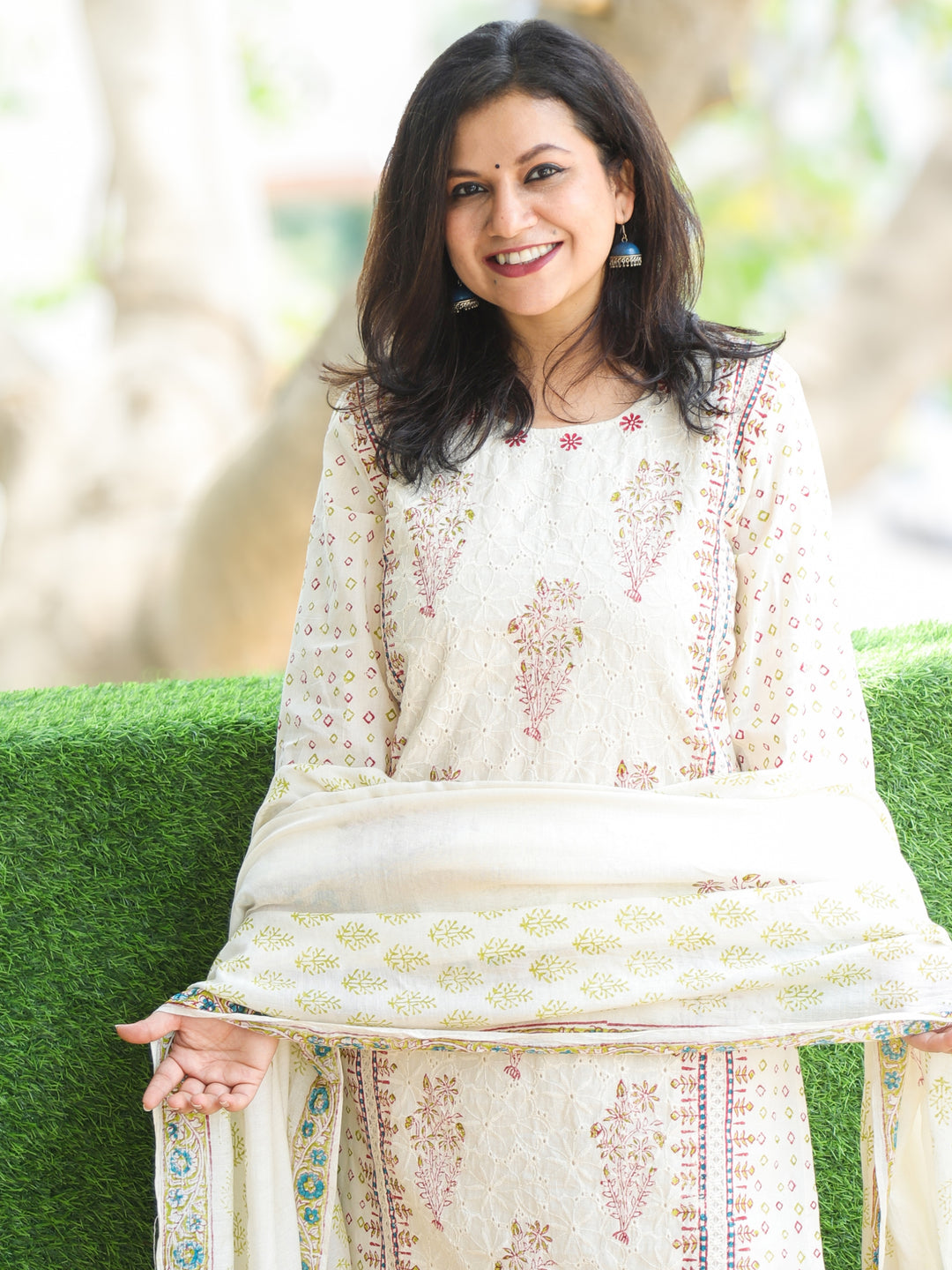 Aafeemi Beige White All Over Floral Block Printed Cotton Schiffli 3 Piece Set-D1