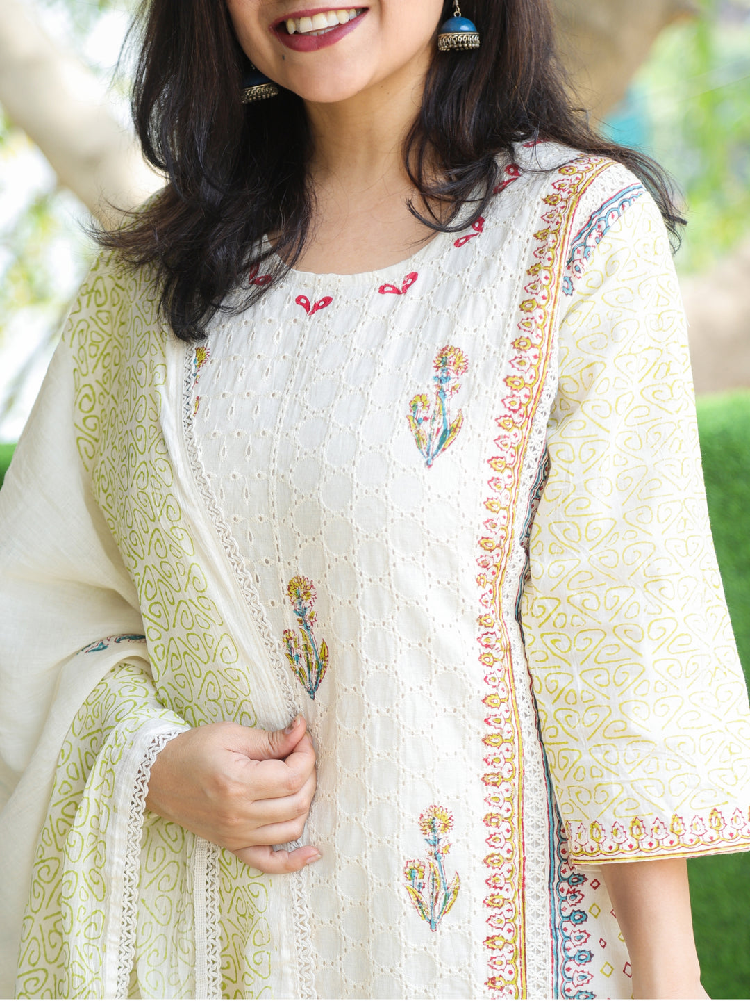 Aafeemi Beige White All Over Floral Block Printed Cotton Schiffli 3 Piece Set-D2
