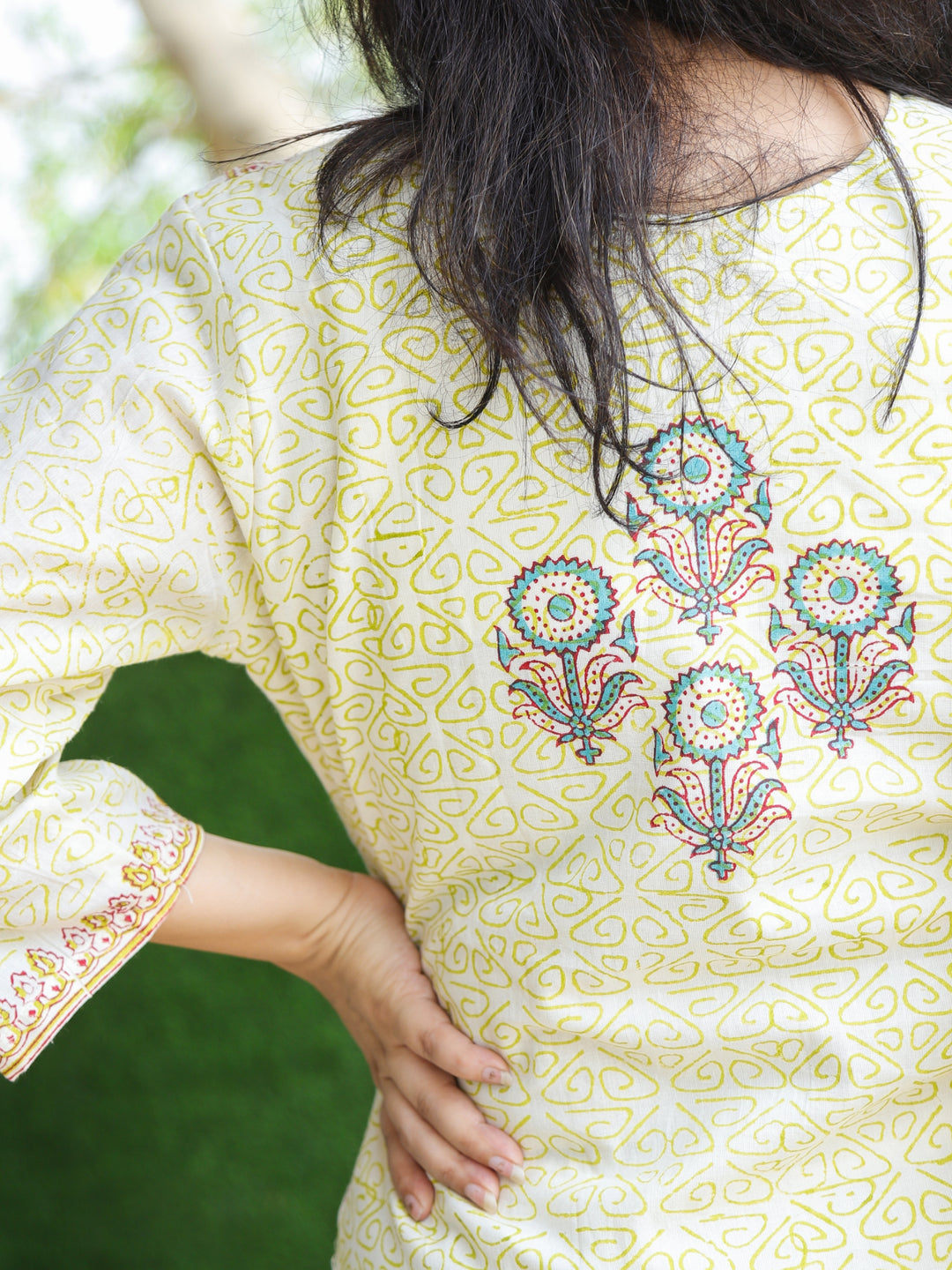 Aafeemi Beige White All Over Floral Block Printed Cotton Schiffli 3 Piece Set-D2