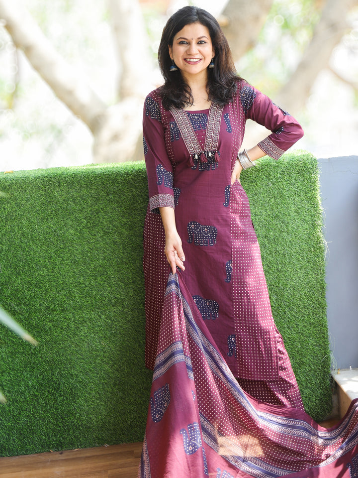 Aafeemi Plum Wine V Neck Kardana Embellish Neckline Gajj Print Cotton 3 Piece Set