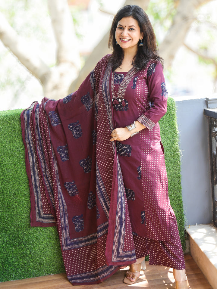 Aafeemi Plum Wine V Neck Kardana Embellish Neckline Gajj Print Cotton 3 Piece Set