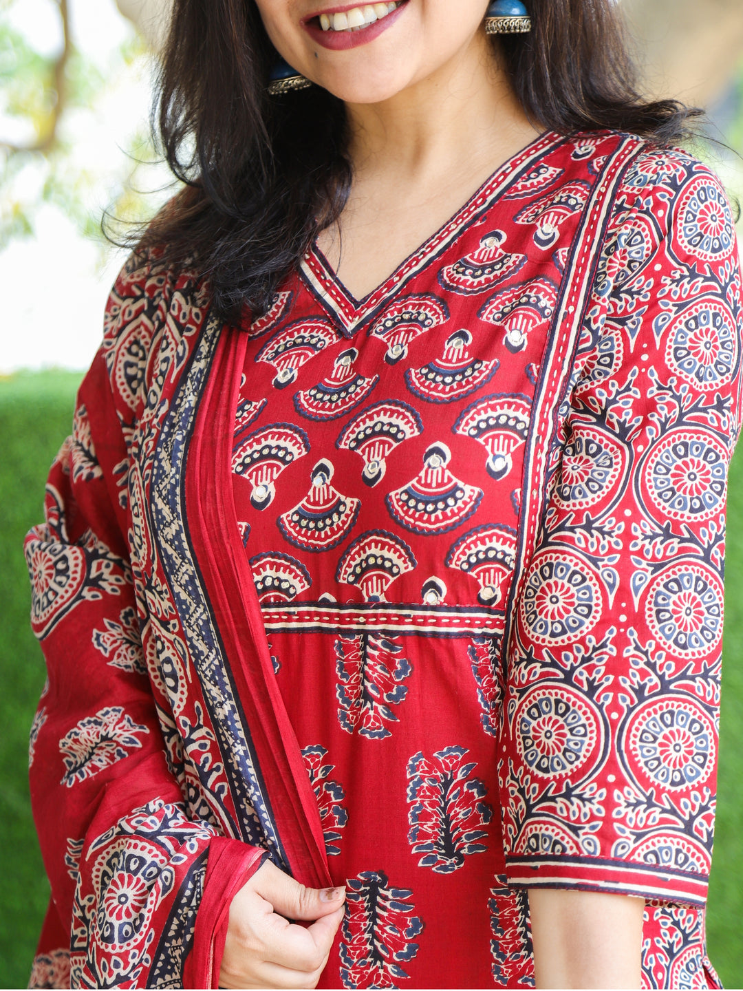 Aafeemi Cherry Red All Over Ajrak Printed Work with Mirror Cotton 3 Piece Set