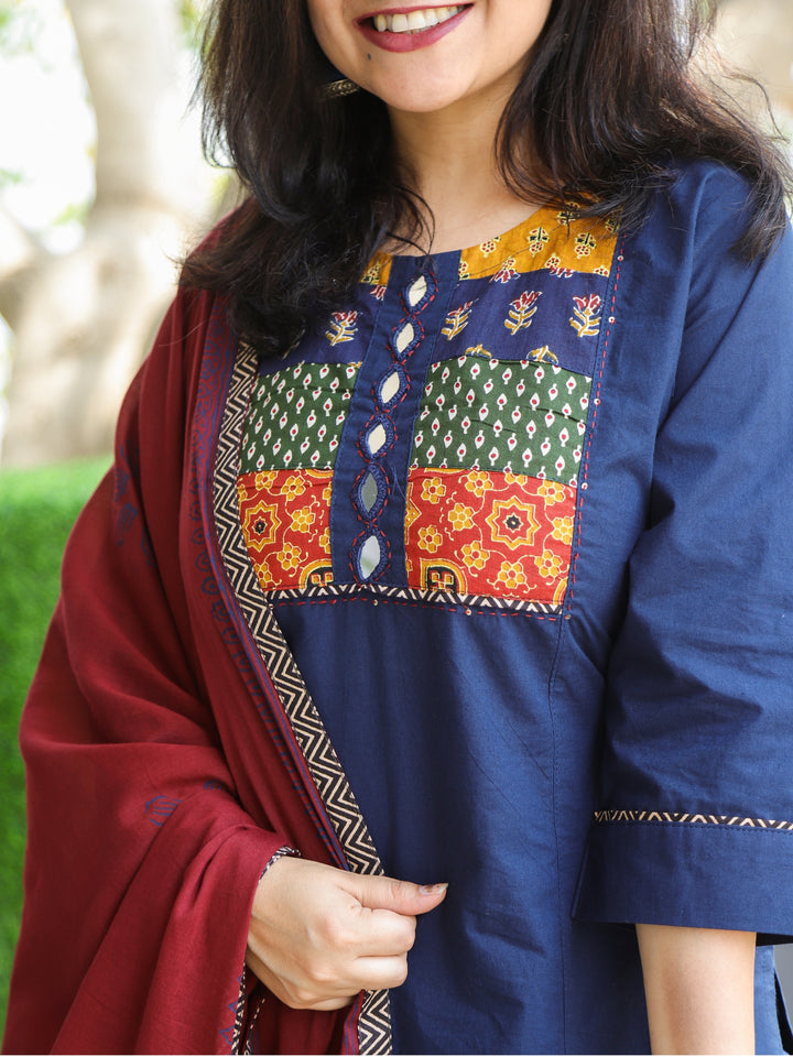 Aafeemi Royal Blue Ajrak Patches Neck Work Cotton 3 Piece Set