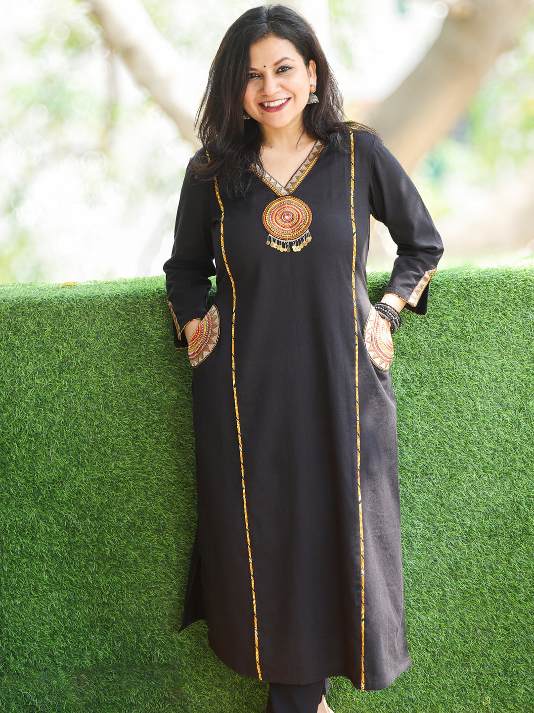 Gulkaand Ebony Black Embroidered Patch with Coin Work Cotton Kurti with Pocket