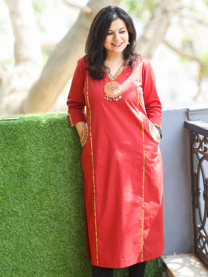 Gulkaand Apple Red Embroidered Patch with Coin Work Cotton Kurti with Pocket