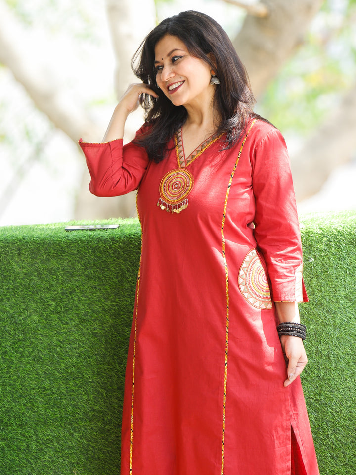Gulkaand Apple Red Embroidered Patch with Coin Work Cotton Kurti with Pocket