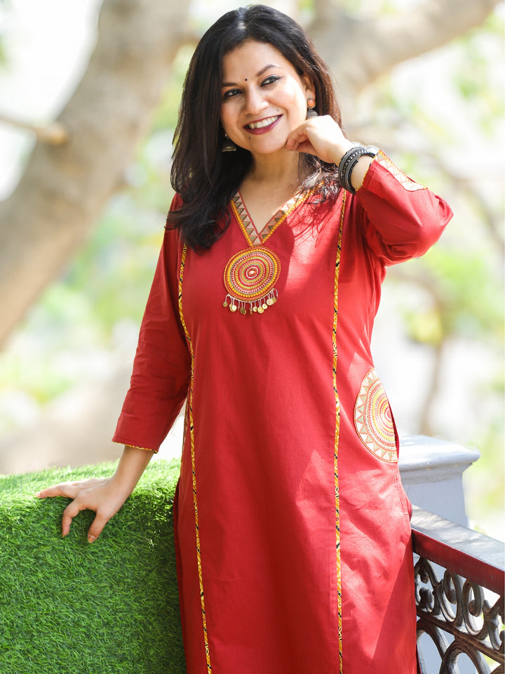 Gulkaand Apple Red Embroidered Patch with Coin Work Cotton Kurti with Pocket
