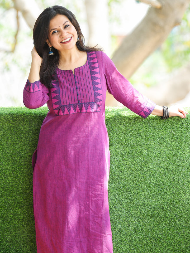 Sunaina Orchid Purple Lace Work on Neck and Hem South Cotton Kurti