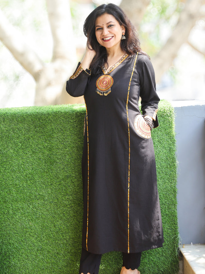Gulkaand Ebony Black Embroidered Patch with Coin Work Cotton Kurti with Pocket