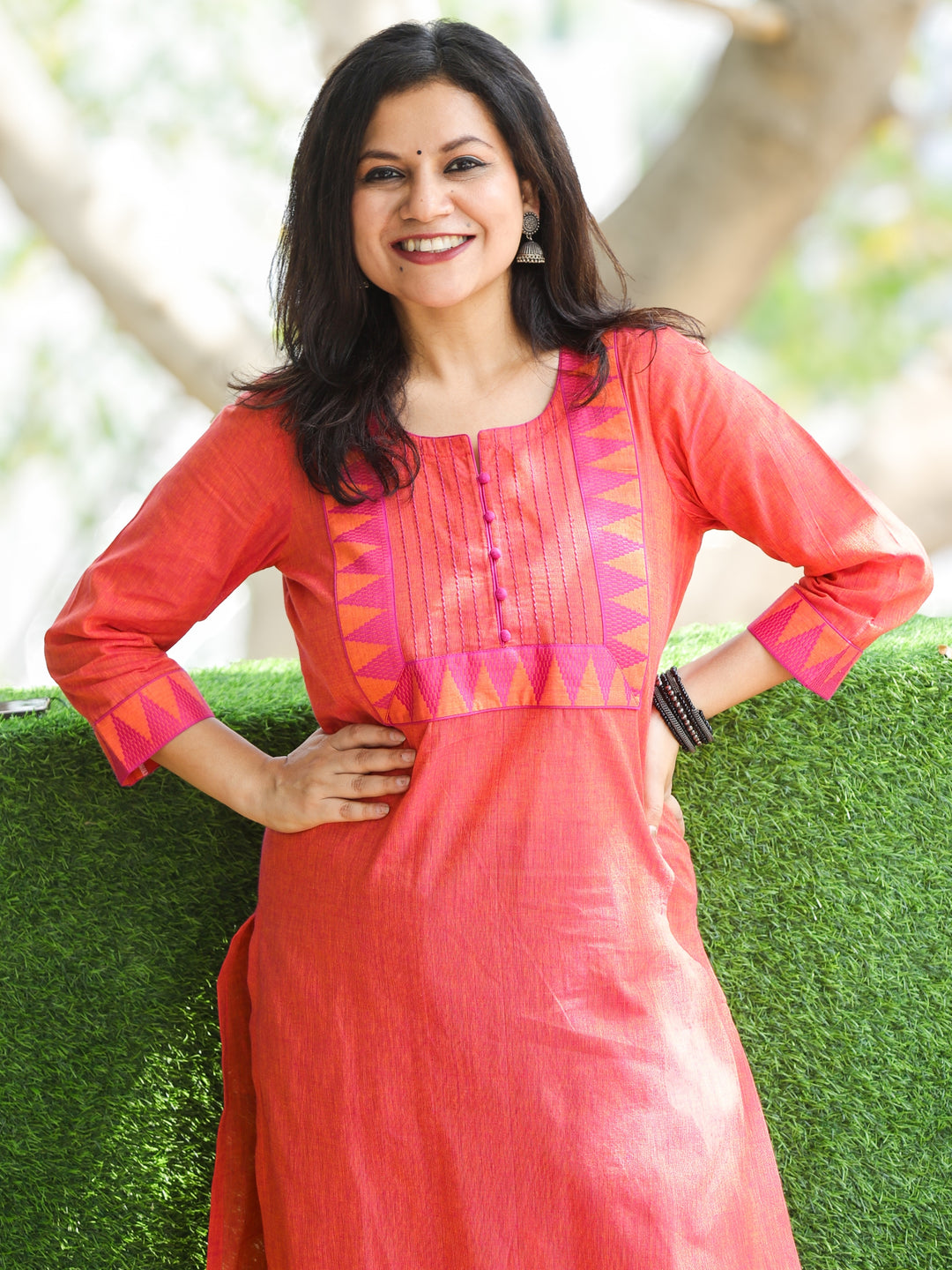 Sunaina Pumpkin Orange Lace Work on Neck and Hem South Cotton Kurti