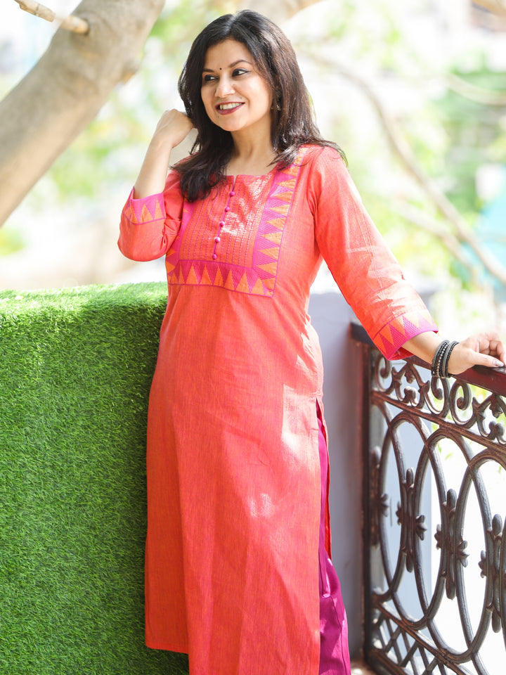 Sunaina Pumpkin Orange Lace Work on Neck and Hem South Cotton Kurti