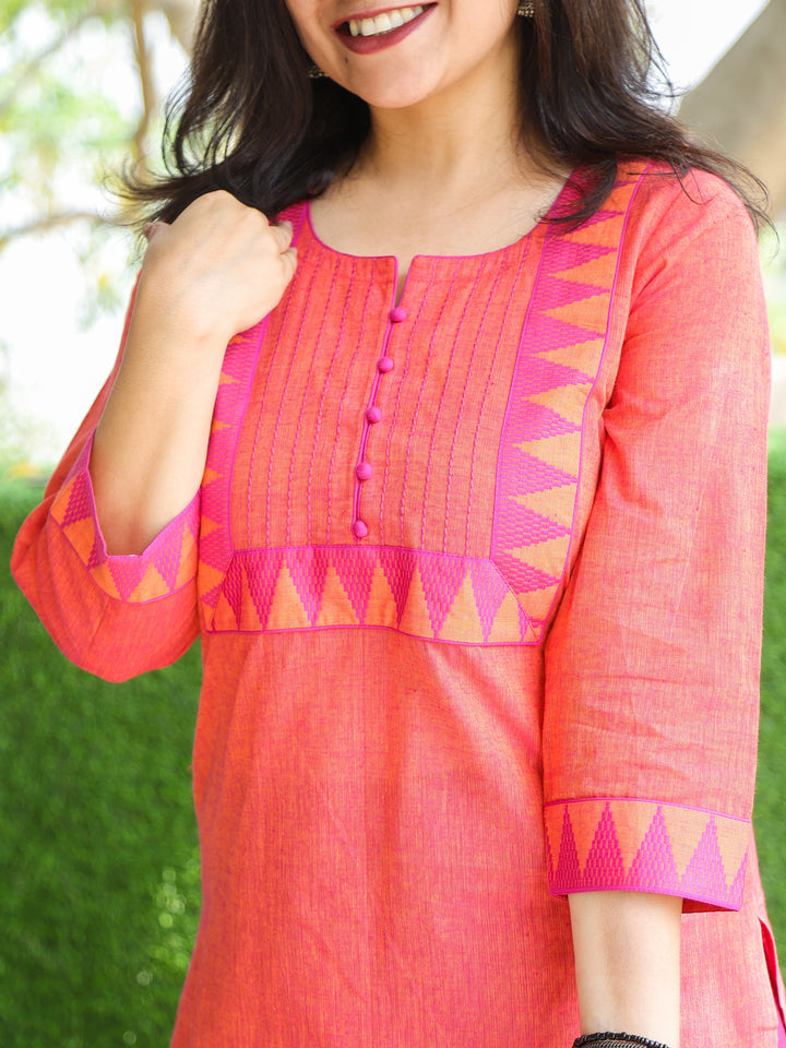 Sunaina Pumpkin Orange Lace Work on Neck and Hem South Cotton Kurti