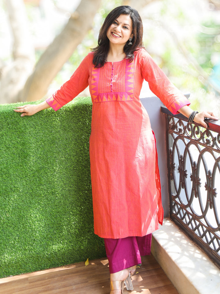 Sunaina Pumpkin Orange Lace Work on Neck and Hem South Cotton Kurti
