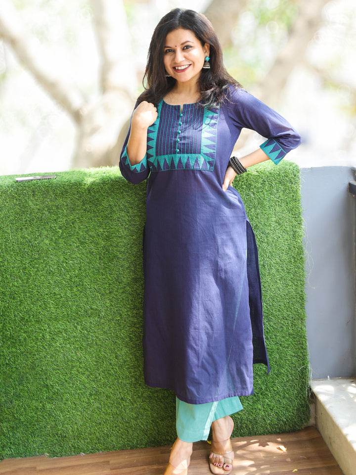 Sunaina Navy Blue Lace Work on Neck and Hem South Cotton Kurti
