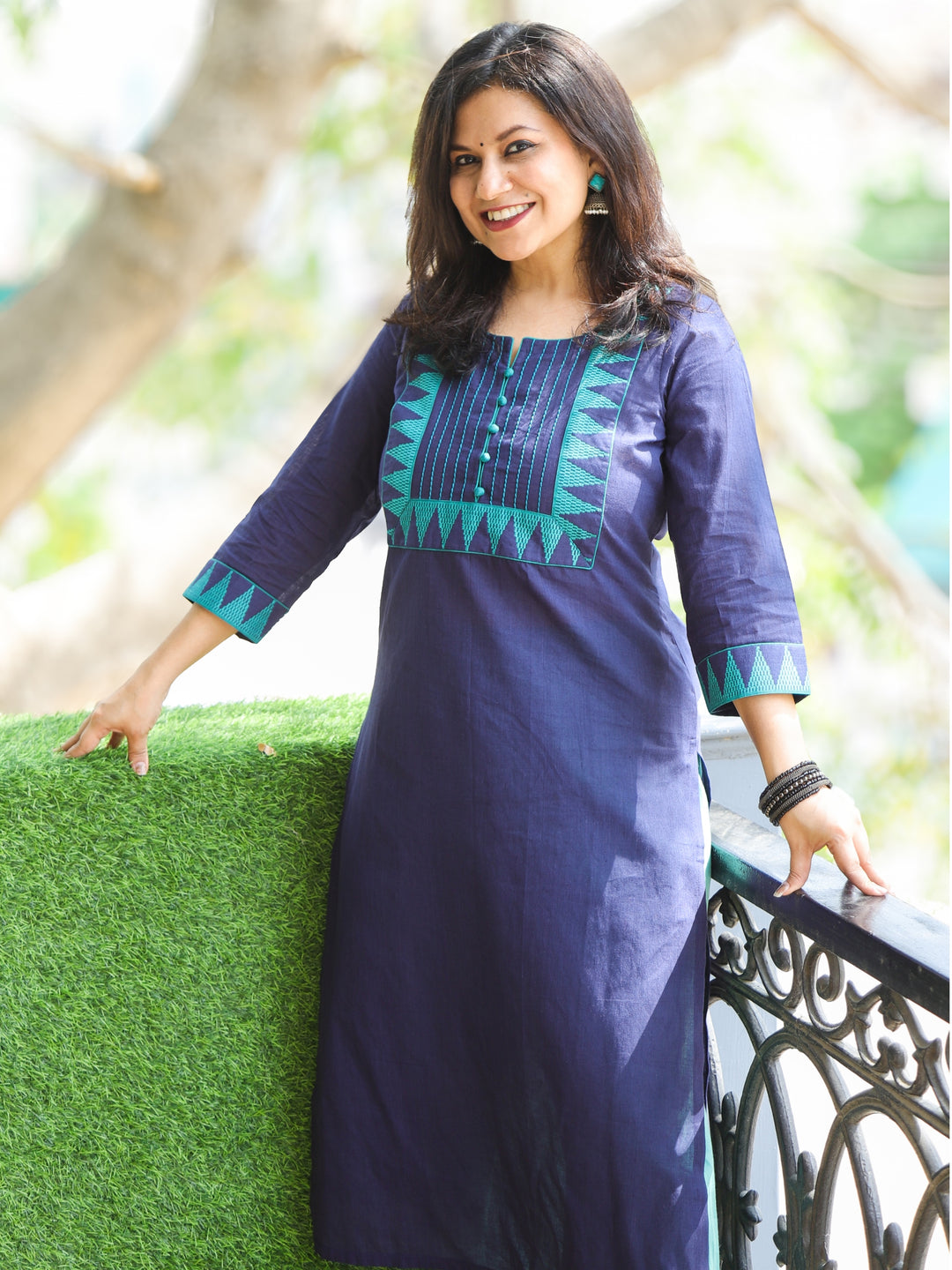 Sunaina Navy Blue Lace Work on Neck and Hem South Cotton Kurti