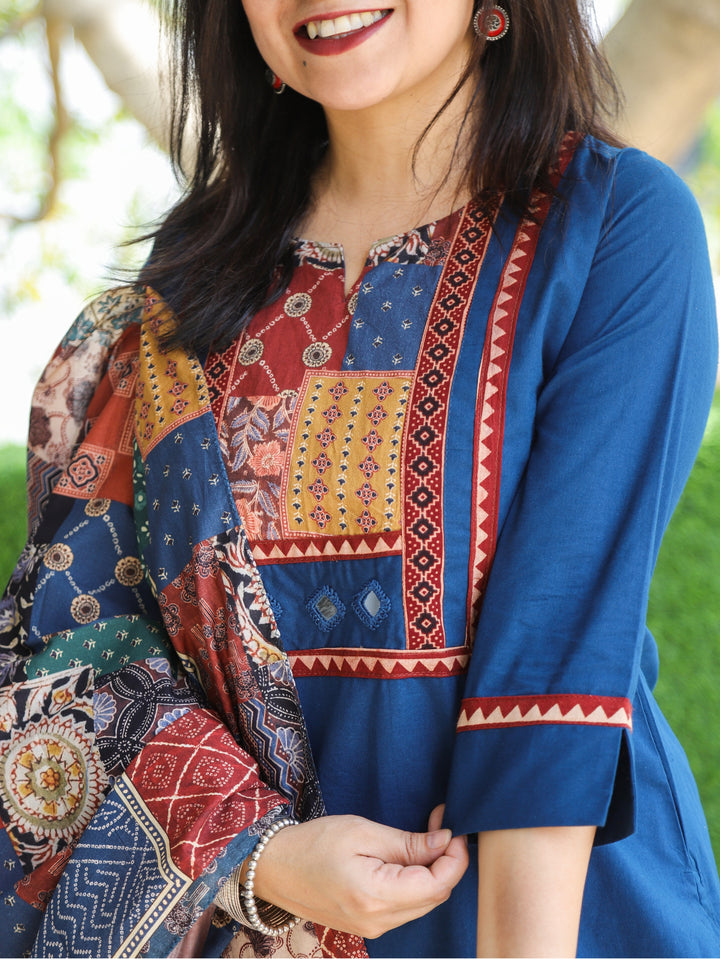 Gulkand Royal Blue Ajrak Patches Neck Work with Mirror Cotton 3 Piece Set
