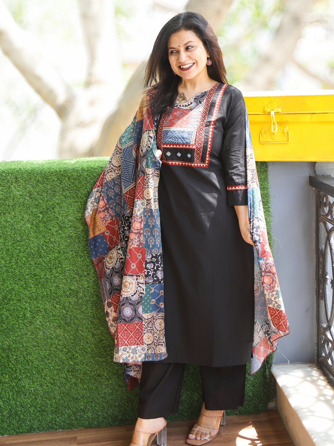 Gulkand Paint Black Ajrak Patches Neck Work with Mirror Cotton 3 Piece Set
