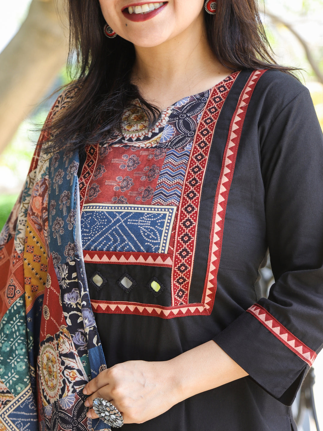 Gulkand Paint Black Ajrak Patches Neck Work with Mirror Cotton 3 Piece Set
