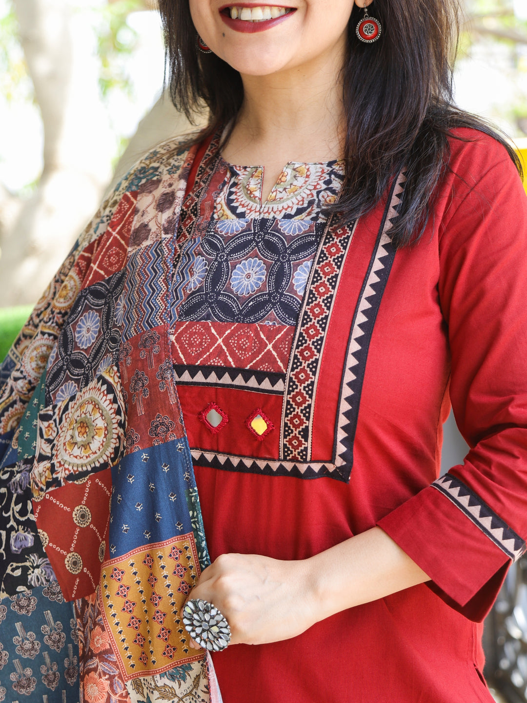 Gulkaand Garnet Red Ajrak Patches Neck Work with Mirror Cotton 3 Piece Set