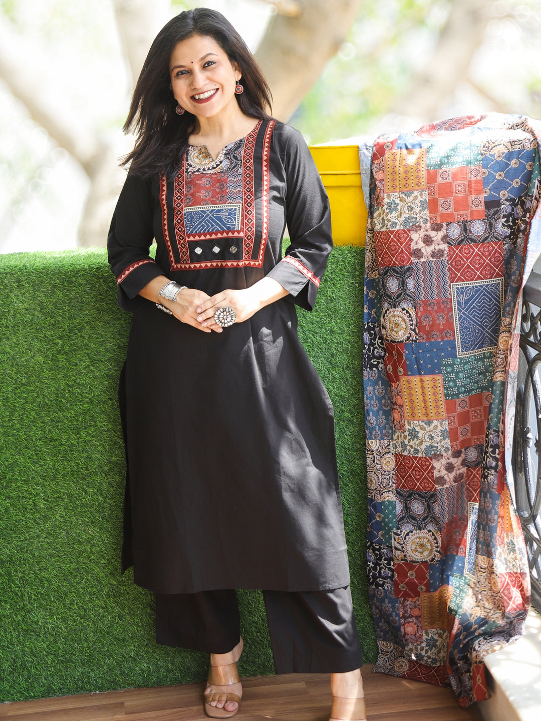 Gulkand Paint Black Ajrak Patches Neck Work with Mirror Cotton 3 Piece Set
