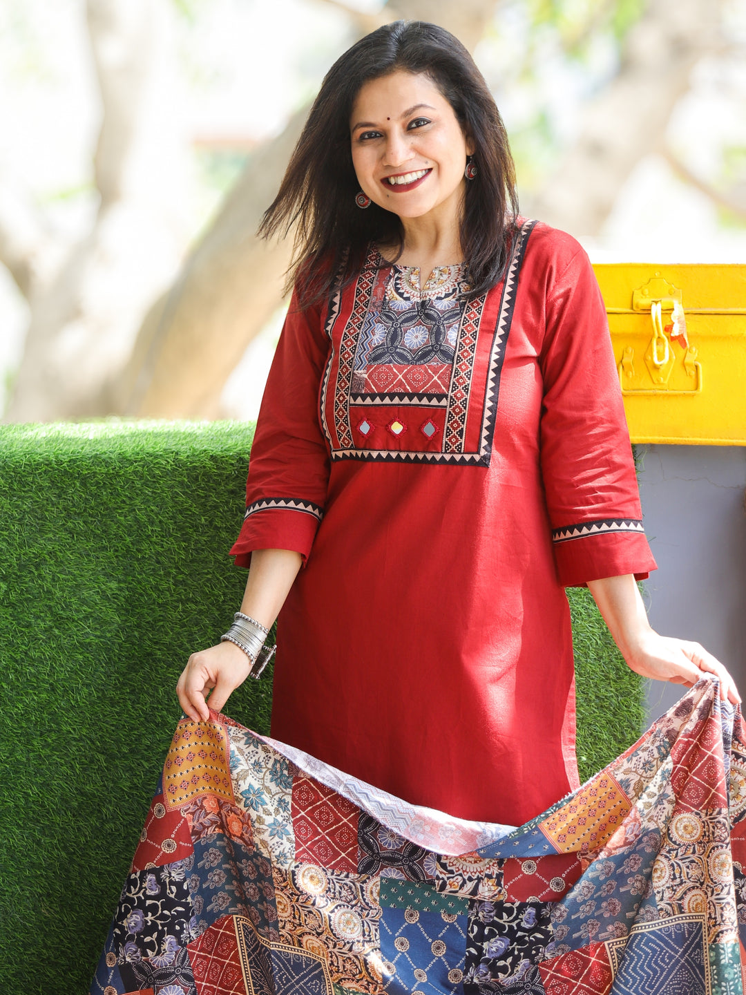 Gulkaand Garnet Red Ajrak Patches Neck Work with Mirror Cotton 3 Piece Set
