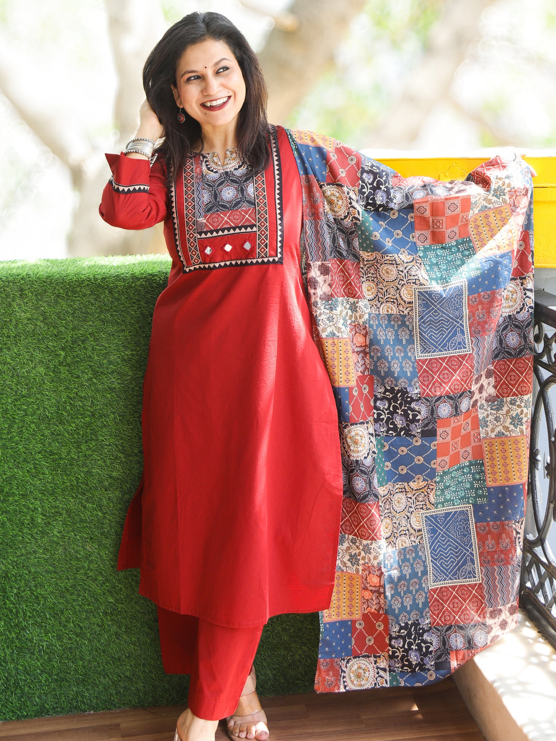 Gulkaand Garnet Red Ajrak Patches Neck Work with Mirror Cotton 3 Piece Set