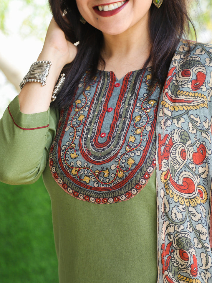Gulkand Olive Green Kalamkari Print Patch with Mirror Work Cotton 3 Piece Set