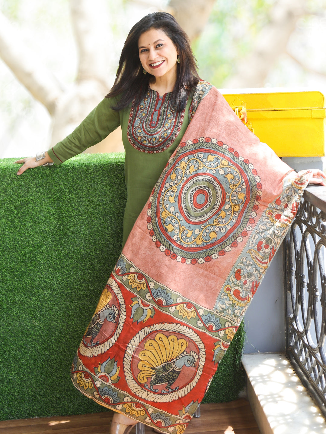 Gulkand Olive Green Kalamkari Print Patch with Mirror Work Cotton 3 Piece Set