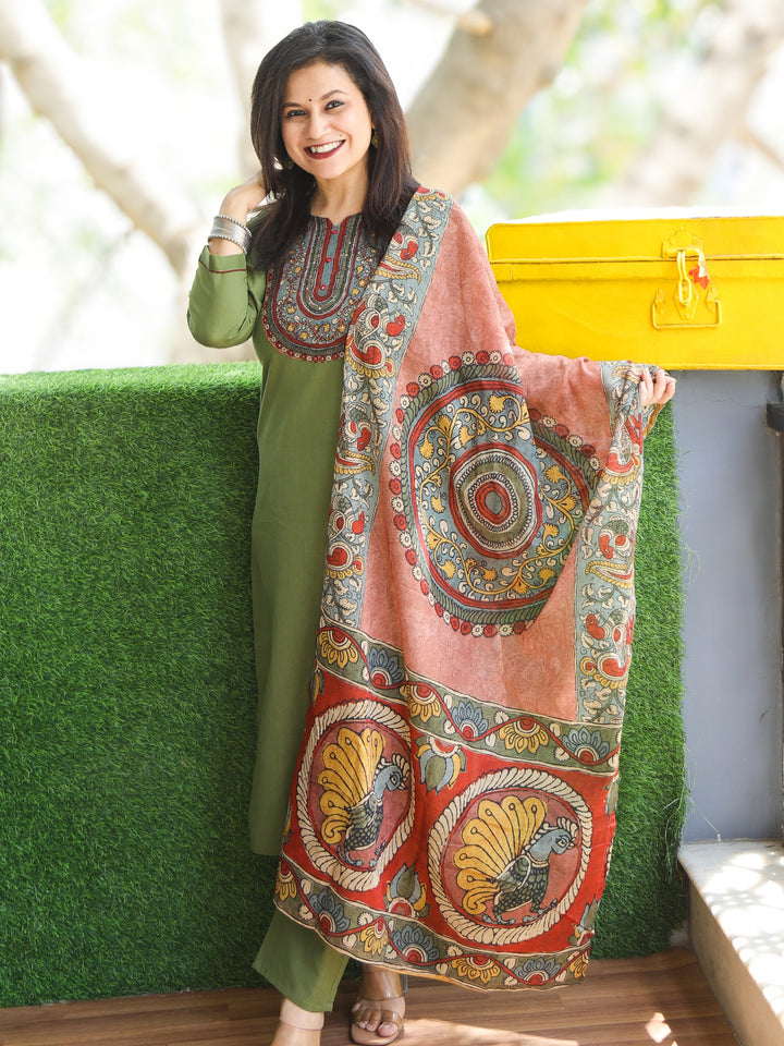Gulkand Olive Green Kalamkari Print Patch with Mirror Work Cotton 3 Piece Set