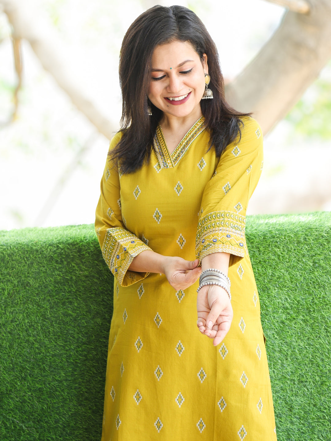 Gulkaand Corn Yellow V Neck Thread Work with Patra Detailing Cotton Kurti