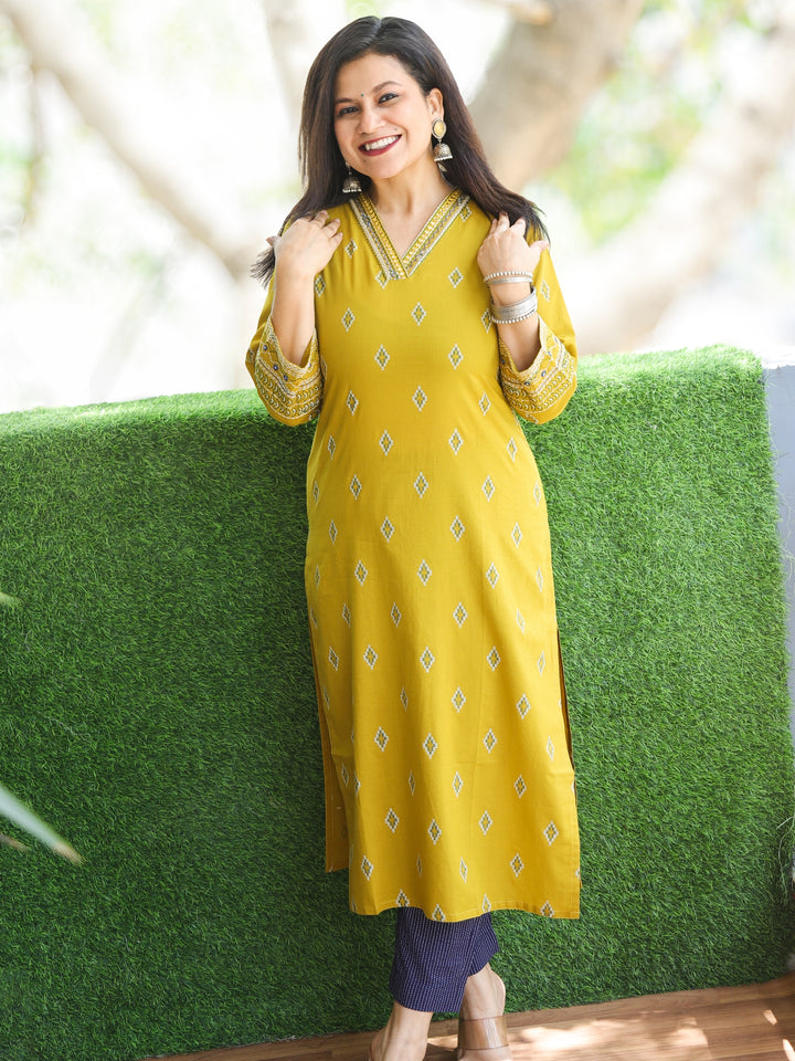 Gulkaand Corn Yellow V Neck Thread Work with Patra Detailing Cotton Kurti