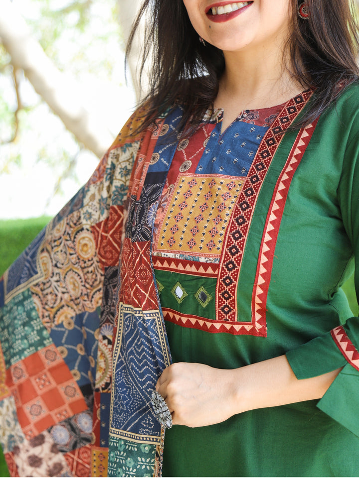 Gulkand Hunter Green Ajrak Patches Neck Work with Mirror Cotton 3 Piece Set