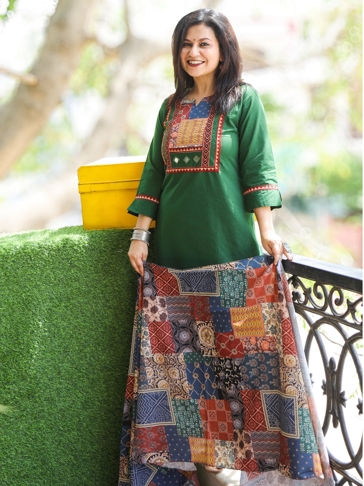 Gulkand Hunter Green Ajrak Patches Neck Work with Mirror Cotton 3 Piece Set