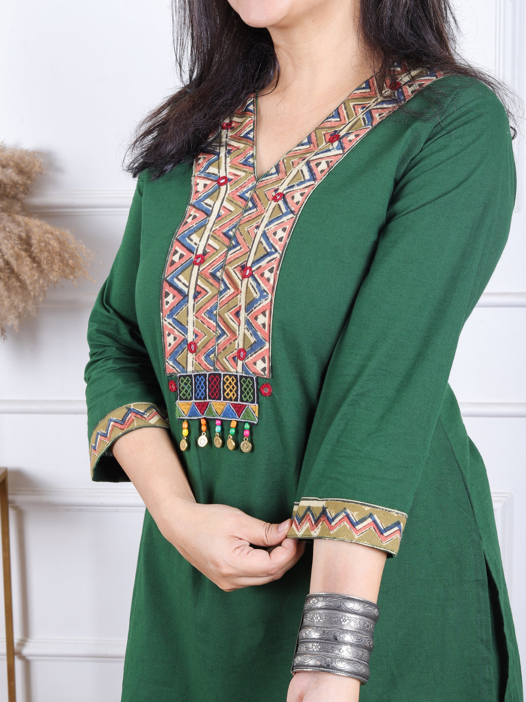 Gulbaras Pine Green Kalamkari Print Patch with Coin Work Cotton 2 Piece Set
