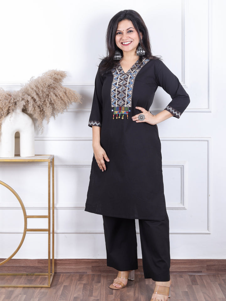 Gulbaras Ebony Black Kalamkari Print Patch with Coin Work Cotton 2 Piece Set