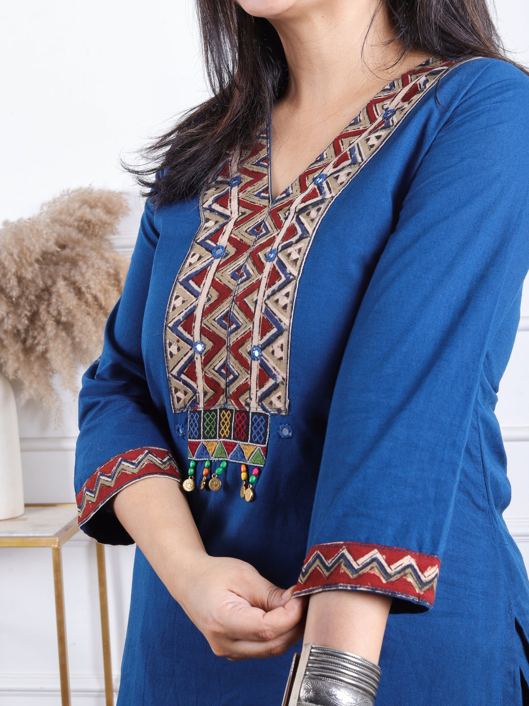 Gulbaras Prussian Blue Kalamkari Print Patch with Coin Work Cotton 2 Piece Set