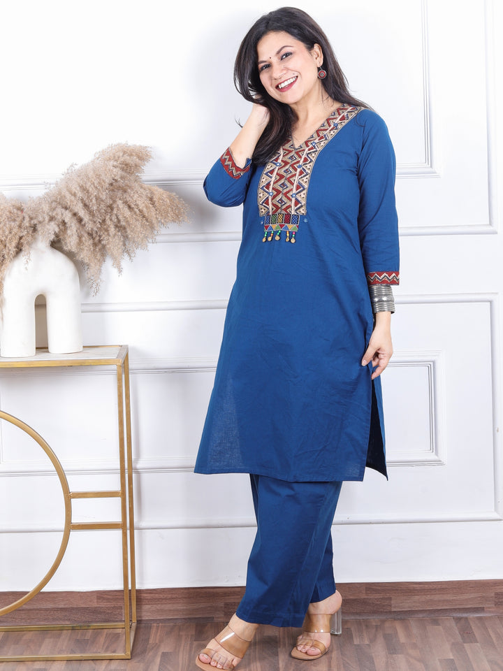 Gulbaras Prussian Blue Kalamkari Print Patch with Coin Work Cotton 2 Piece Set