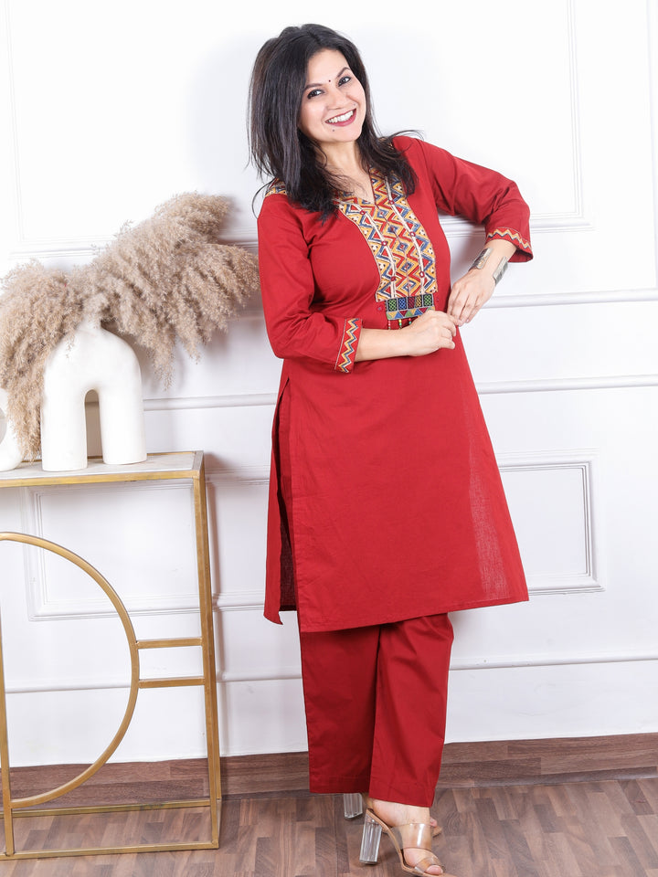 Gulbaras Crimson Red Kalamkari Print Patch with Coin Work Cotton 2 Piece Set