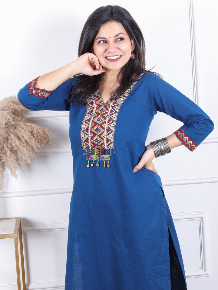 Gulbaras Prussian Blue Kalamkari Print Patch with Coin Work Cotton 2 Piece Set