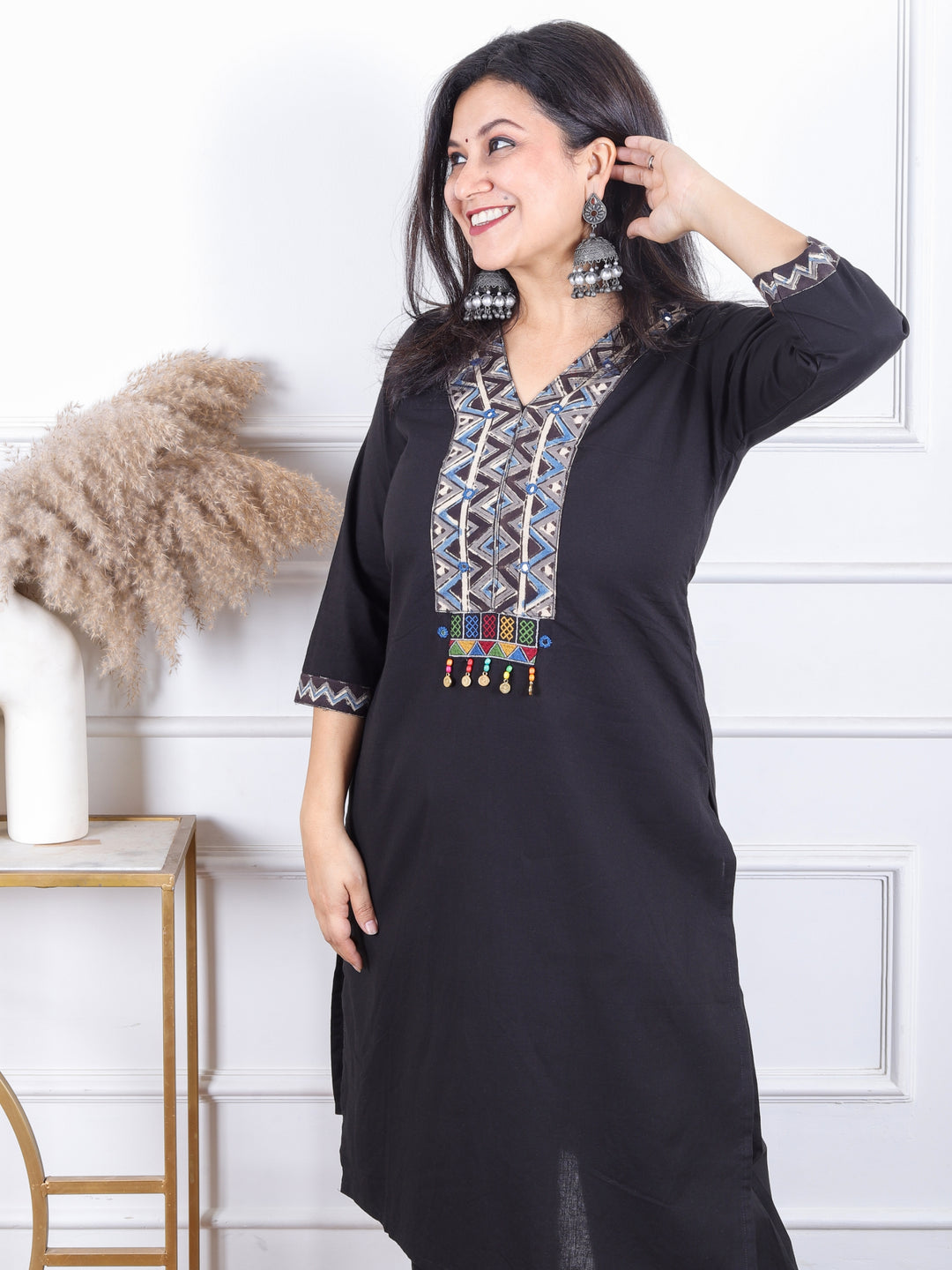 Gulbaras Ebony Black Kalamkari Print Patch with Coin Work Cotton 2 Piece Set
