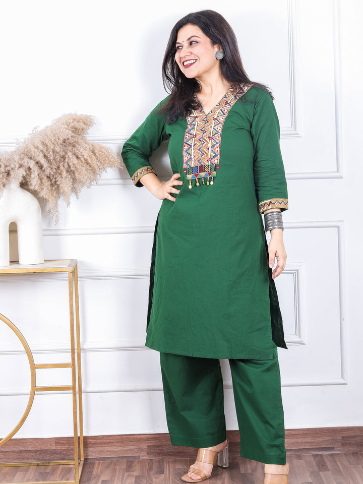 Gulbaras Pine Green Kalamkari Print Patch with Coin Work Cotton 2 Piece Set