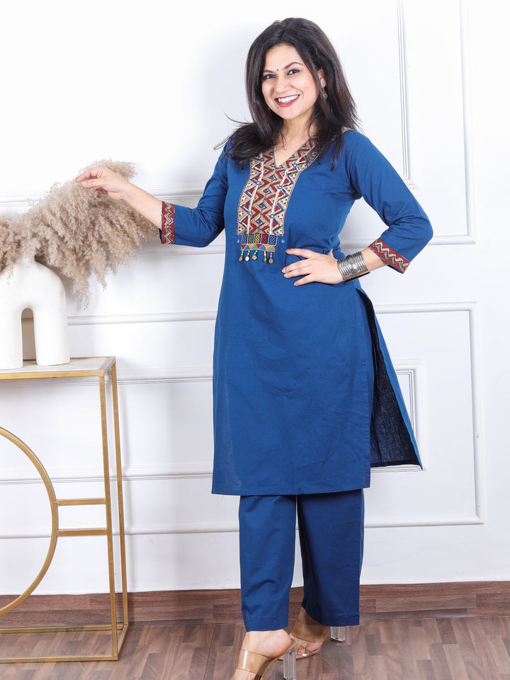 Gulbaras Prussian Blue Kalamkari Print Patch with Coin Work Cotton 2 Piece Set