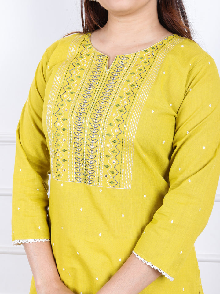 Gulkand Beetle Yellow Thread Work with Patra Detailing Neck Work Cotton Kurti