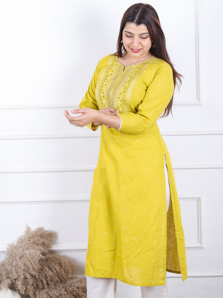 Gulkand Beetle Yellow Thread Work with Patra Detailing Neck Work Cotton Kurti