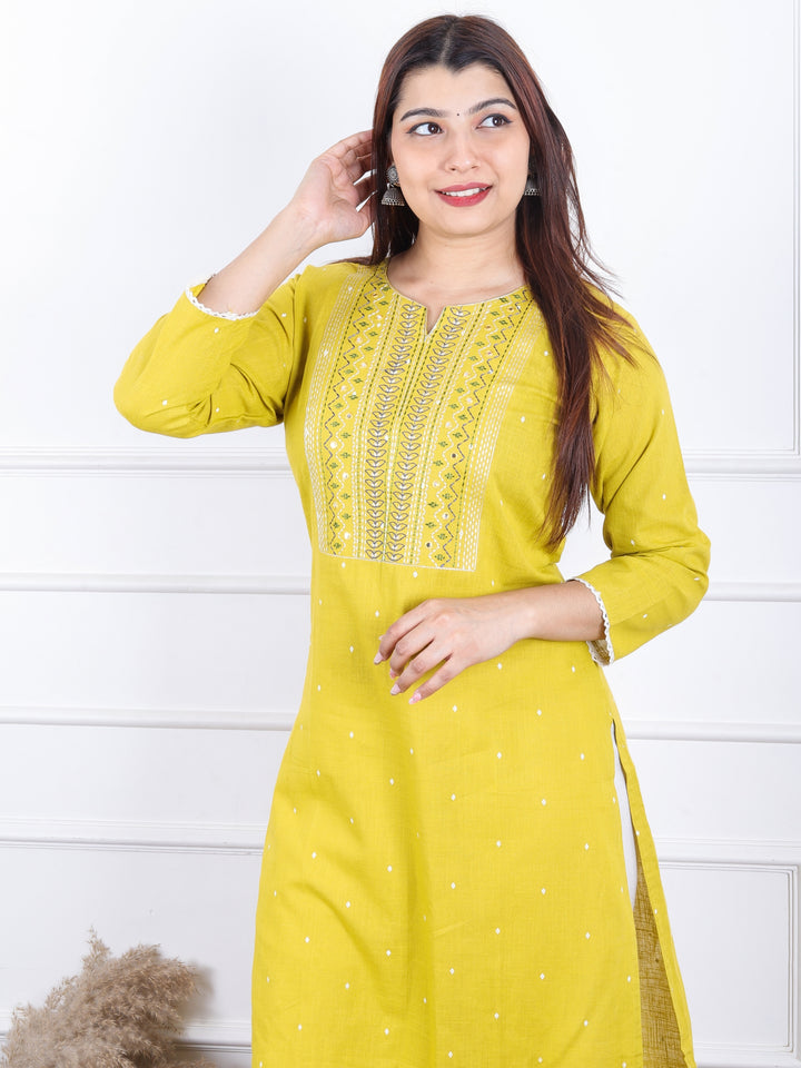 Gulkand Beetle Yellow Thread Work with Patra Detailing Neck Work Cotton Kurti