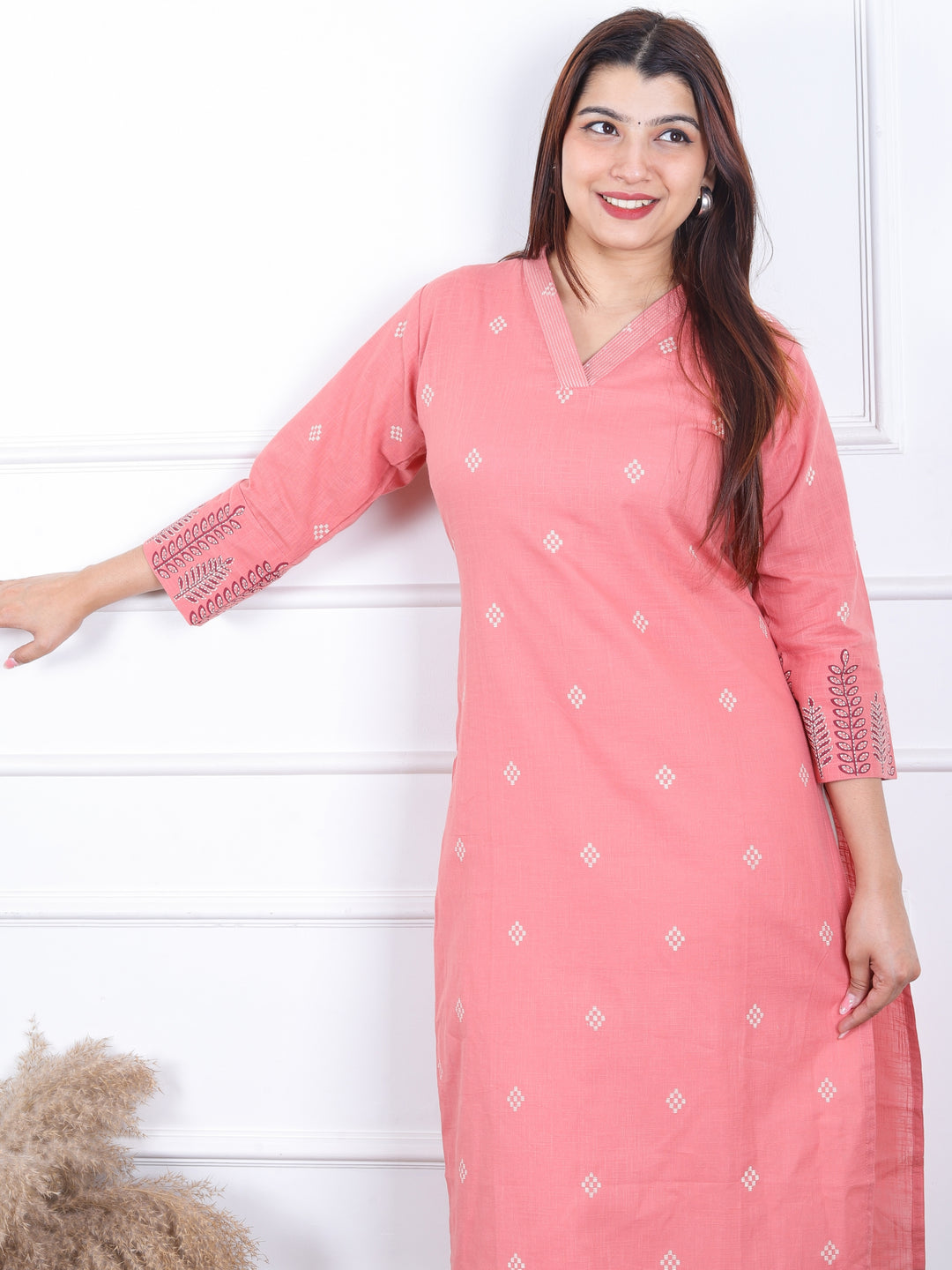 Rooprani Coral Pink V Neck with All Over Pigment Print Work Cotton Kurti