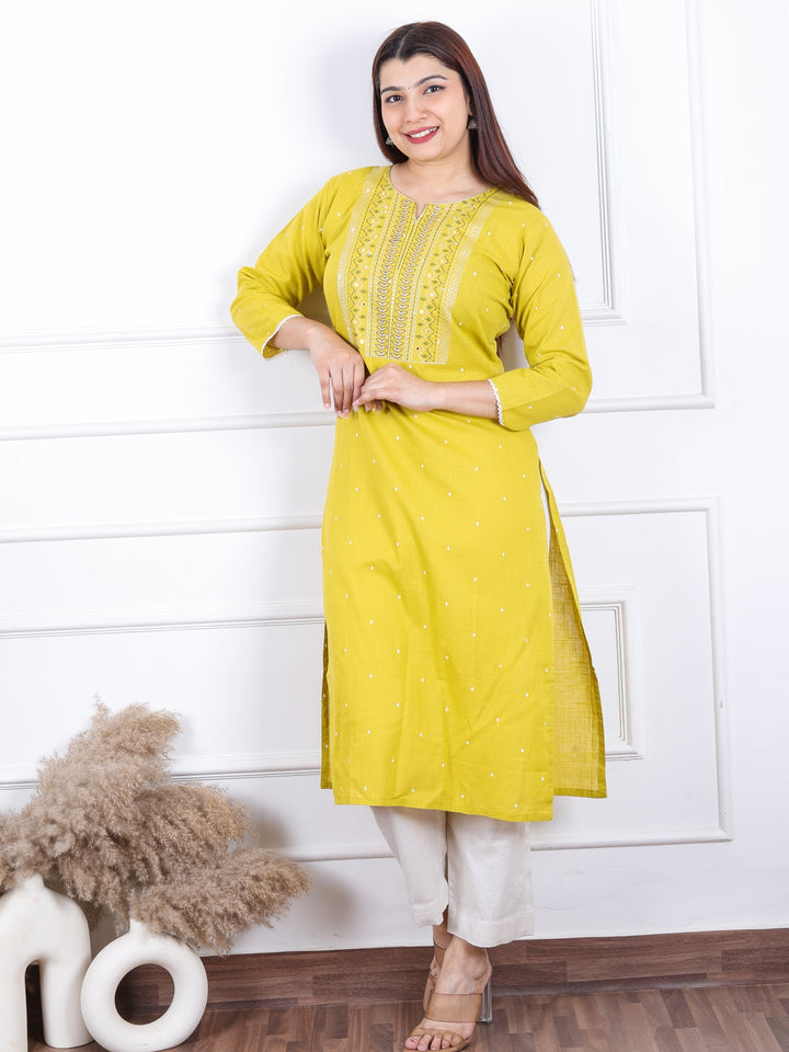 Gulkand Beetle Yellow Thread Work with Patra Detailing Neck Work Cotton Kurti